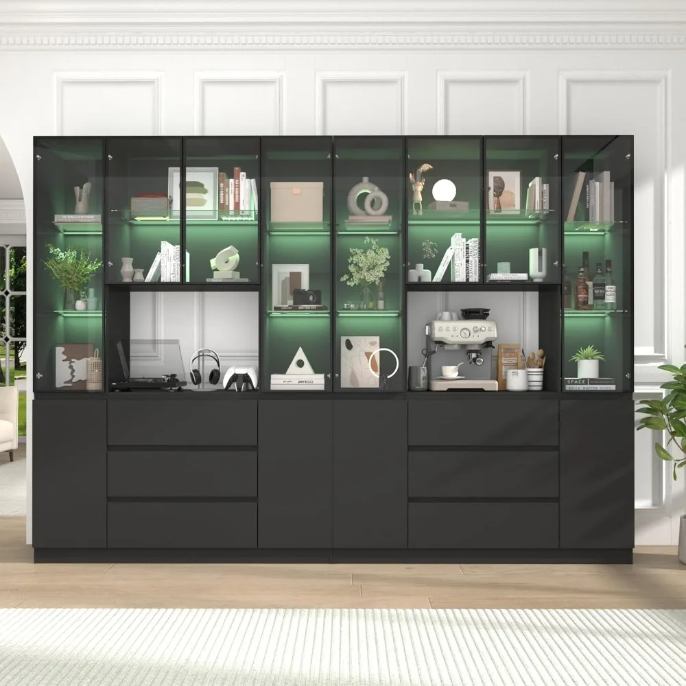 

Large Glass Display Cabinet with LED Lights Set of 2, Display Cabinet with 4 Glass Doors, Storage Cabinet with Adjustable Shelve