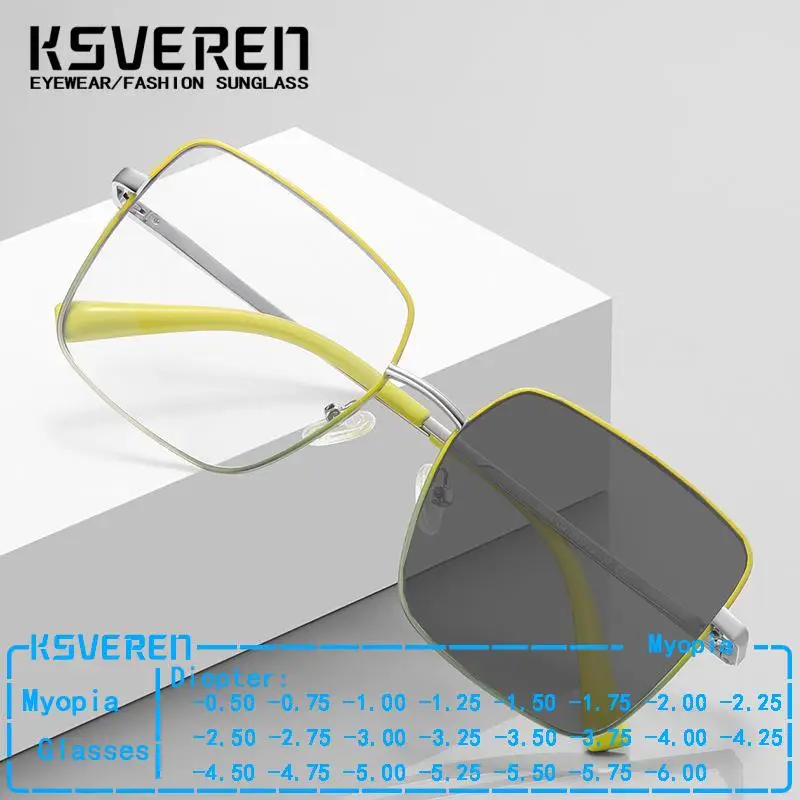 

KSVEREN Metal Frame Square Photochromic Myopia Glasses Women Men Alloy Fashion Computer Eyeglasses 0 -0.5 -1.75 -2.25 -2.75 -6.0