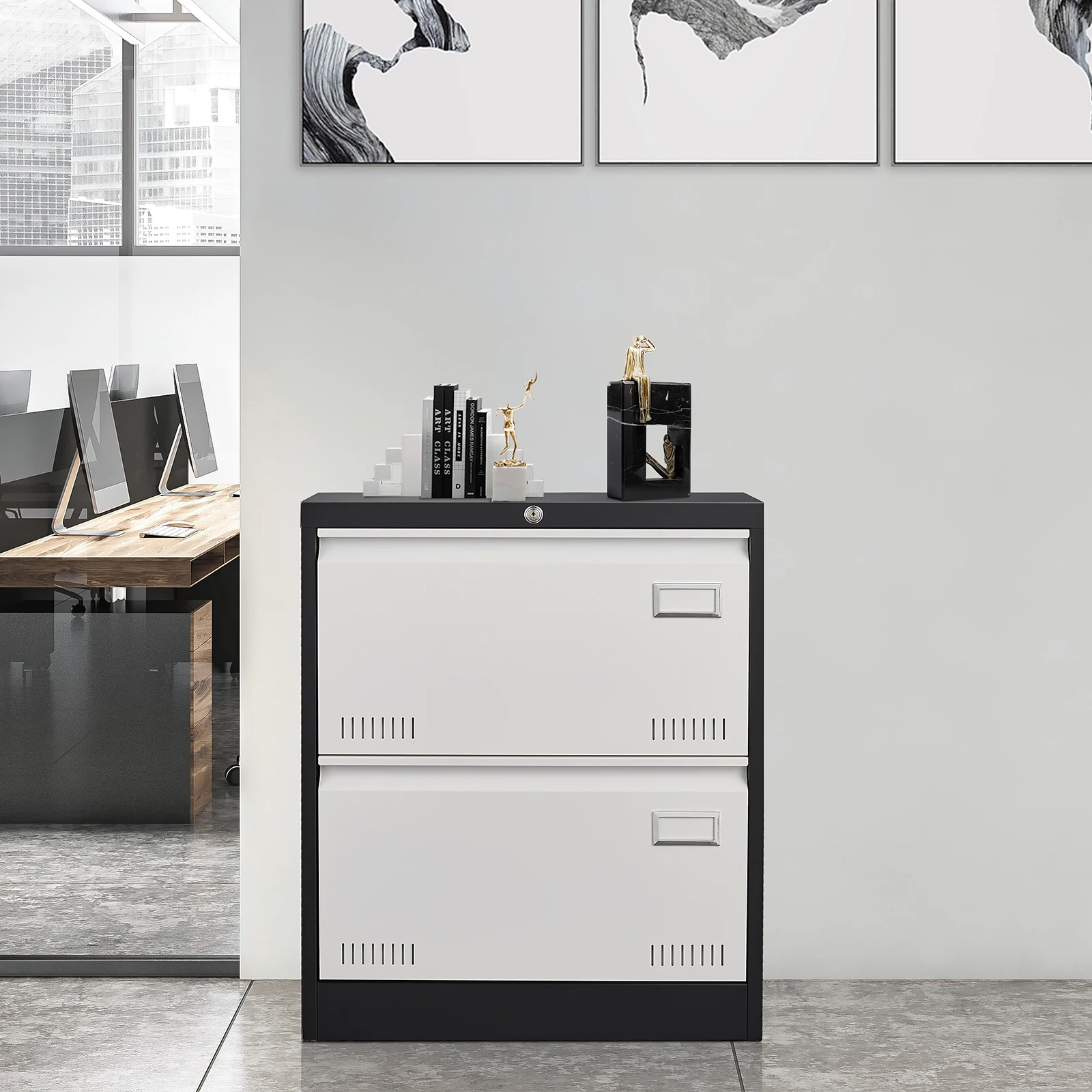 Black and white Color 2 Drawer Lateral File Cabinet Metal Filing Cabinet With Lock Hanging Files Office Lateral