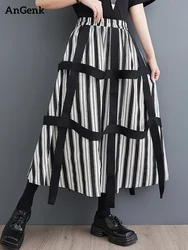 Black Vintage High Waist Stripe Spliced Ribbon Skirt Women Fashion Pocket Loose Casual Long Skirts Clothes New Summer 2026