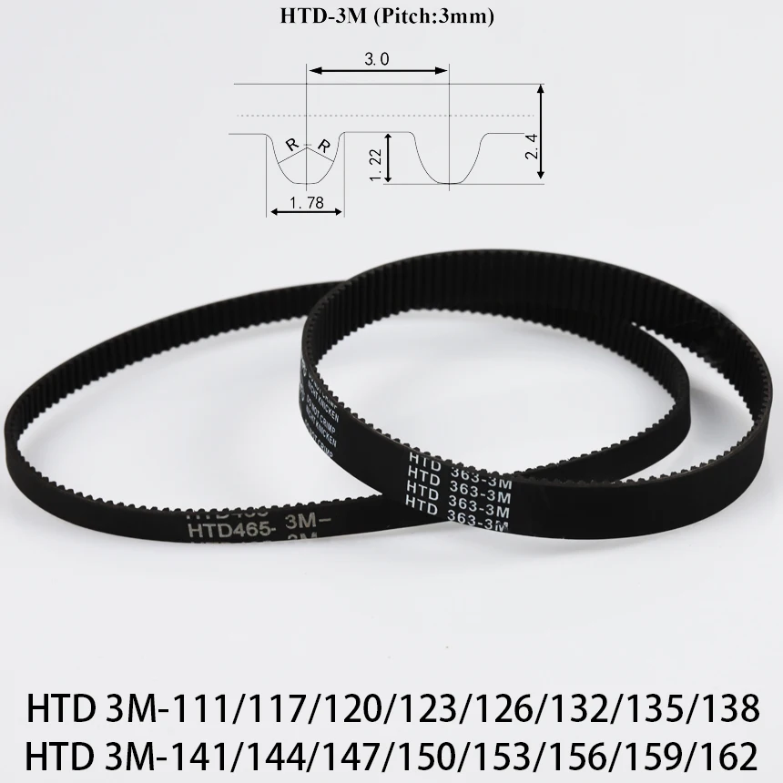 HTD-3M 3M 111/117/120/123/126/132/135/138/141/144/147/150/153/156/159/162 Rubber Cogged Curved ARC Teeth Synchronous Timing Belt