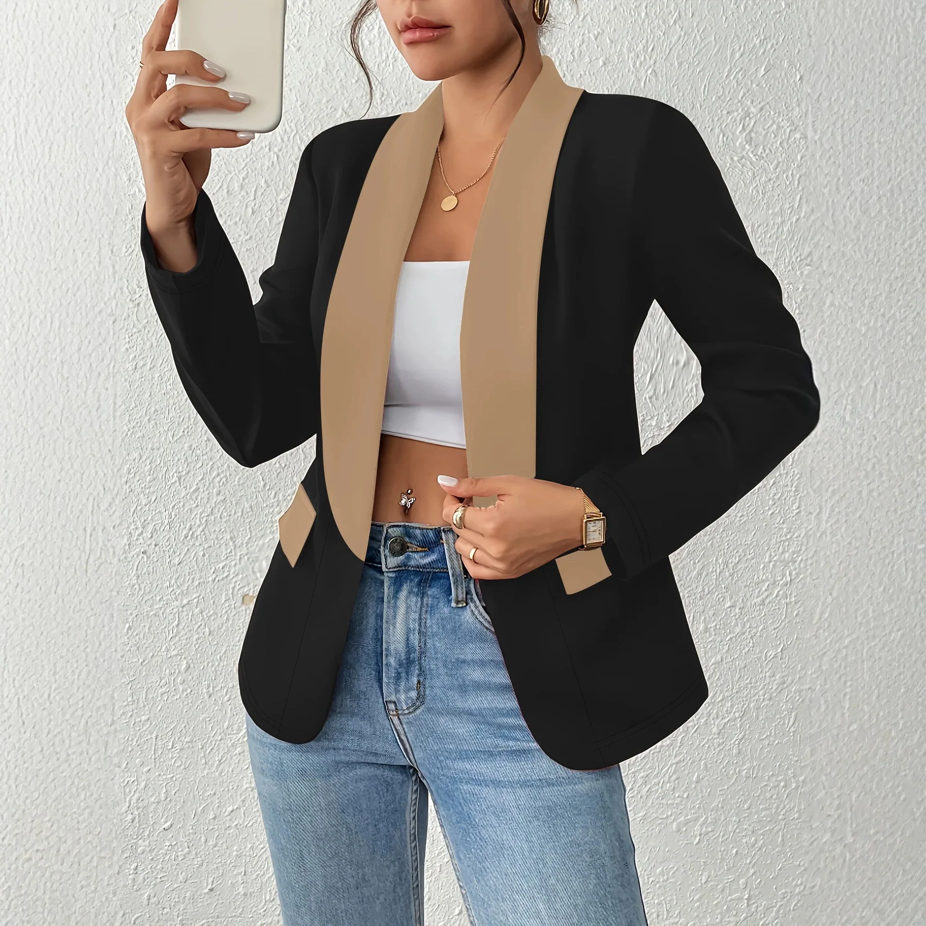 Contrast Lapel Blazer Women Single Breasted Long Sleeve Pocket Camel Cropped Slim Fit Elegant Vintage Office Wear Fashion Blazer