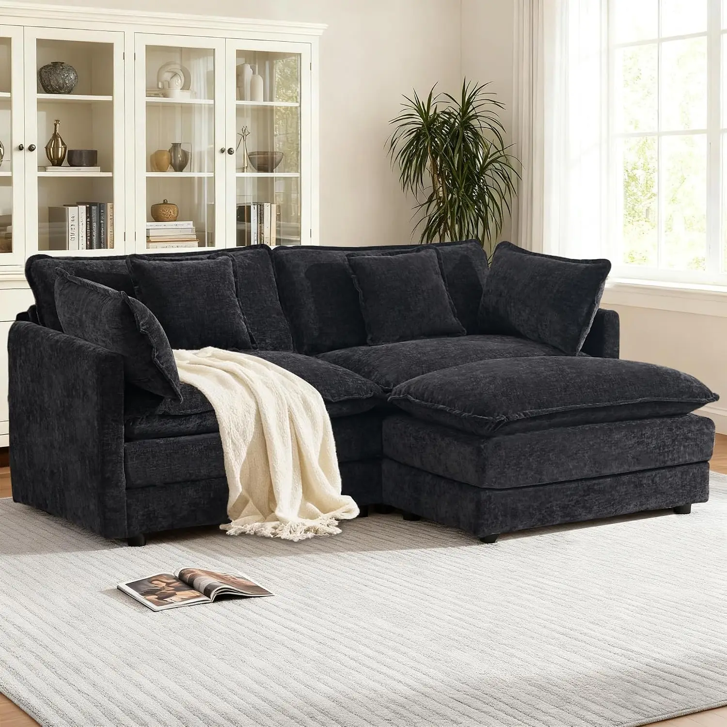 L Shaped Modular Cloud Sectional Sofa with Ottoman Chaise, Comfy Chenille Loveseat for Living Room Apartment, 76.7