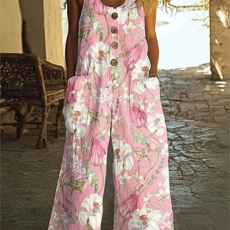 

Vintage Print Buttons Sleeveless Jumpsuits Women Summer New Fashion Temperament Loose Wide Legs Jumpsuit Lady Commuting Clothing