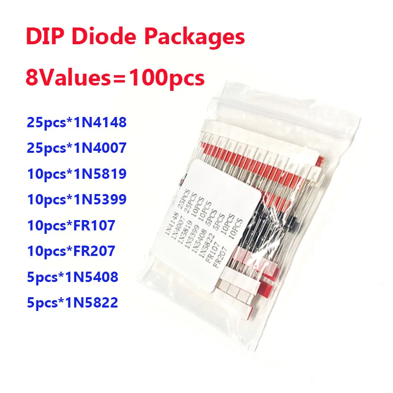 100PCS Fast Switching Schottky Diode kit set 1N4148 1N4007 1N5819 1N5399 1N5408 1N5822 FR107 FR207 8values Electronic Components