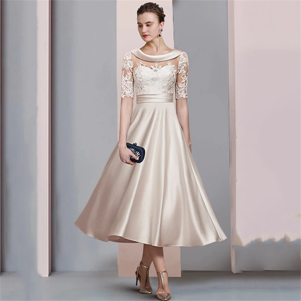 

A-Line Mother of the Bride Dress Wedding Guest Elegant Vintage Scoop Neck Tea Length Satin Lace Half Sleeve with Ruched Applique