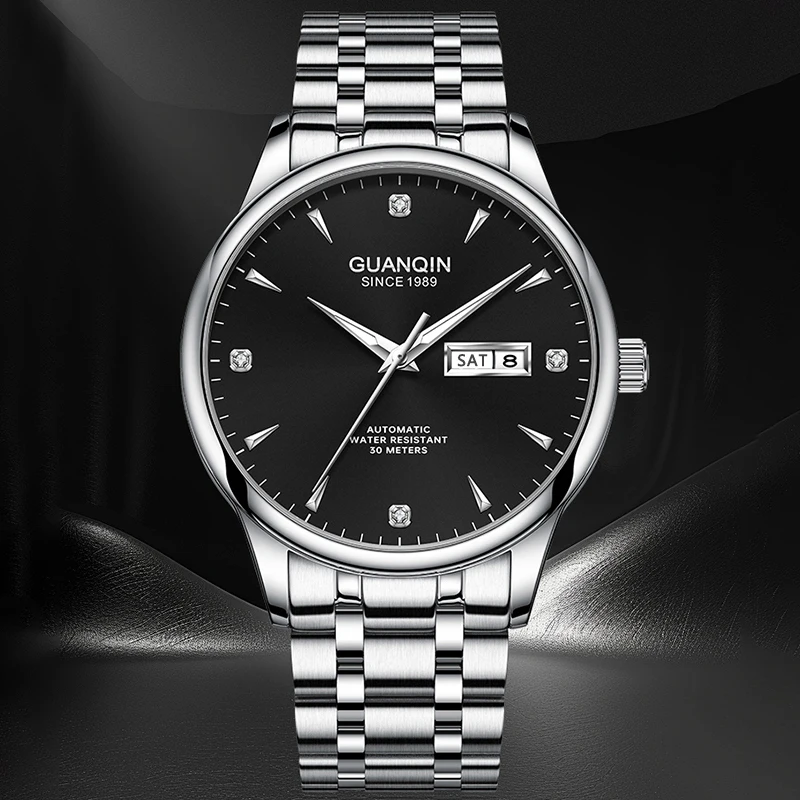 

GUANQIN Роскошные мужские часы Модернизированные автоматические механические часы с двойным календарем из нержавеющей стали 50 м Водонепроницаемые светящиеся часы