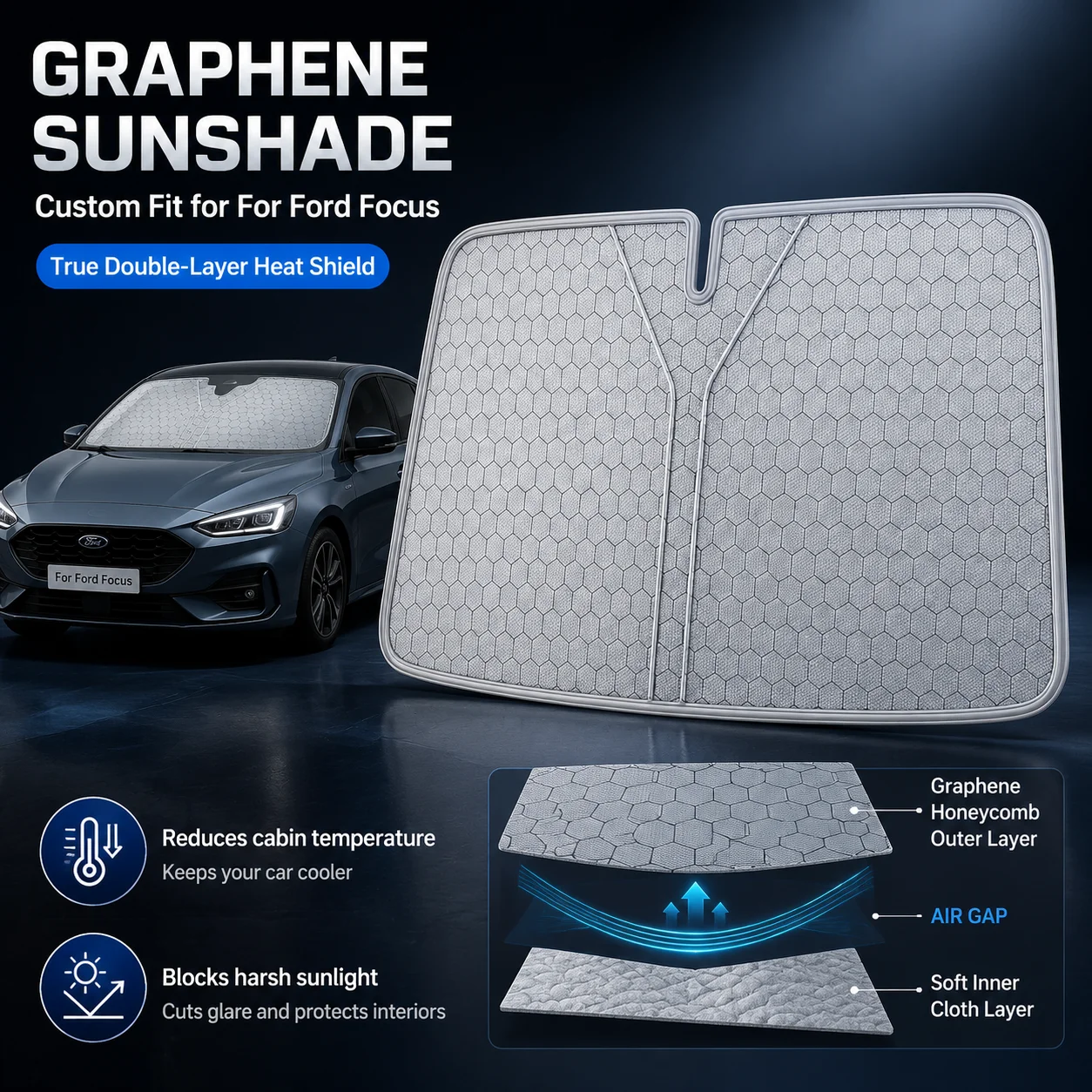For Ford Focus Graphene Windshield Sunshade Custom Fit Car Sunshade UV Sun Protection Car Accessories