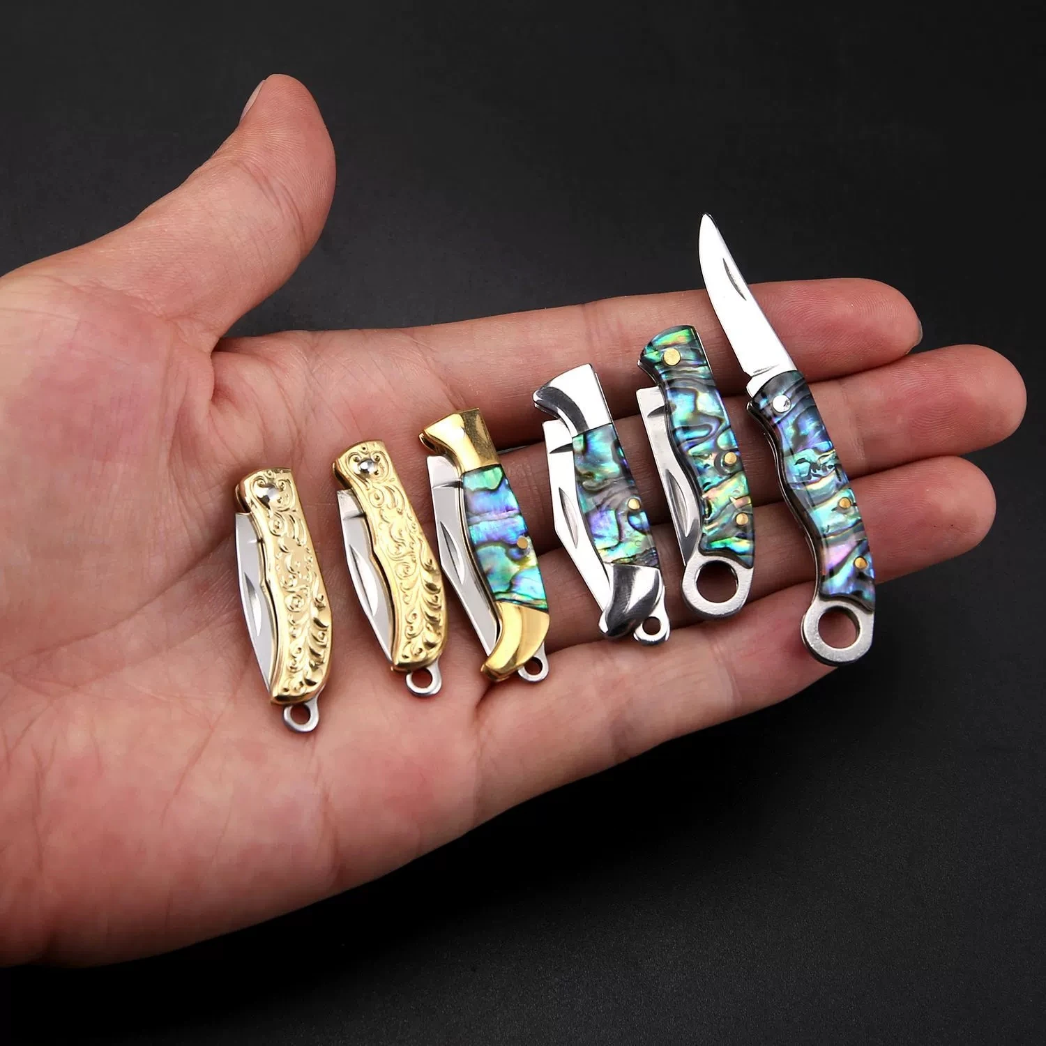 Mini concha de bronze aço faca dobrável bolso chaveiro portátil resina facas aço sobrevivência edc ferramenta cortador descascador caça presente