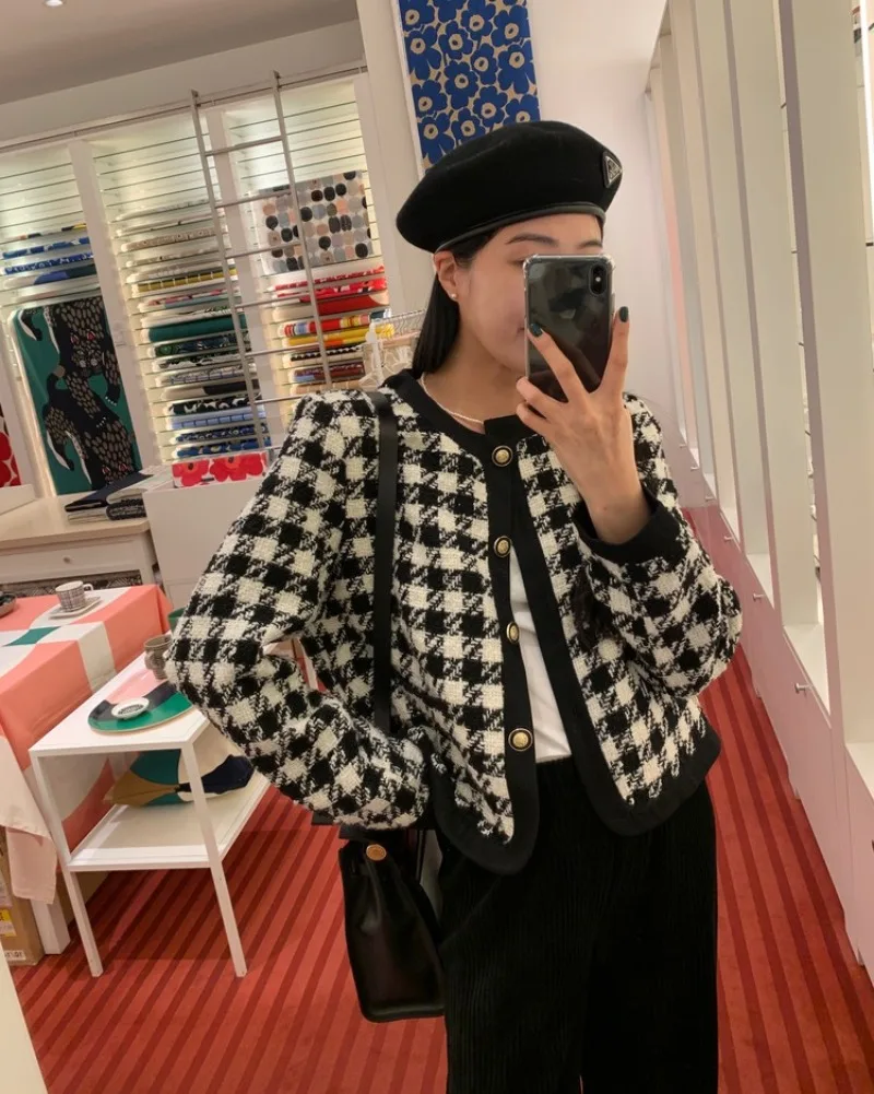 แจ็คเก็ตแขนยาวสำหรับผู้หญิงเสื้อแจ็คเก็ตคอกลมคอกลมผ้าทวีต Houndstooth เสื้อแจ็คเก็ต2024ผู้หญิงฤดูใบไม้ร่วงฤดูหนาว