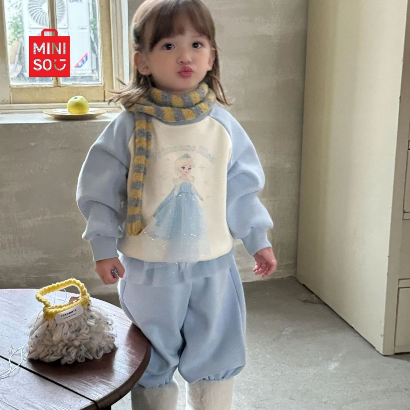 

Miniso 2025 Elsa 2-Piece Set, Plush Fleece-Lined Hoodie & Pants for Girls Winter Outfit