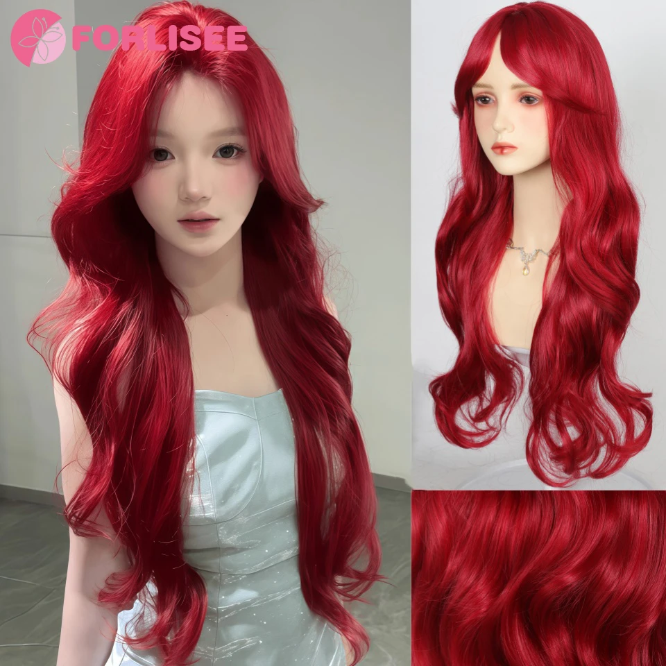 FORLISEE Burgundy Long Wavy Wigs Wine Red Wig with Bangs for Women Daily Synthetic Hair Cosplay Wig Heat Resistant Fiber