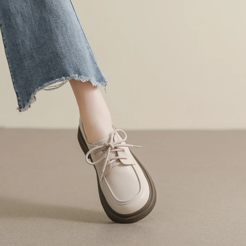 女性黒レースアップレザーシューズプレッピースタイルプラットフ - Women'S Shoes Loafers Black のレビューと価格