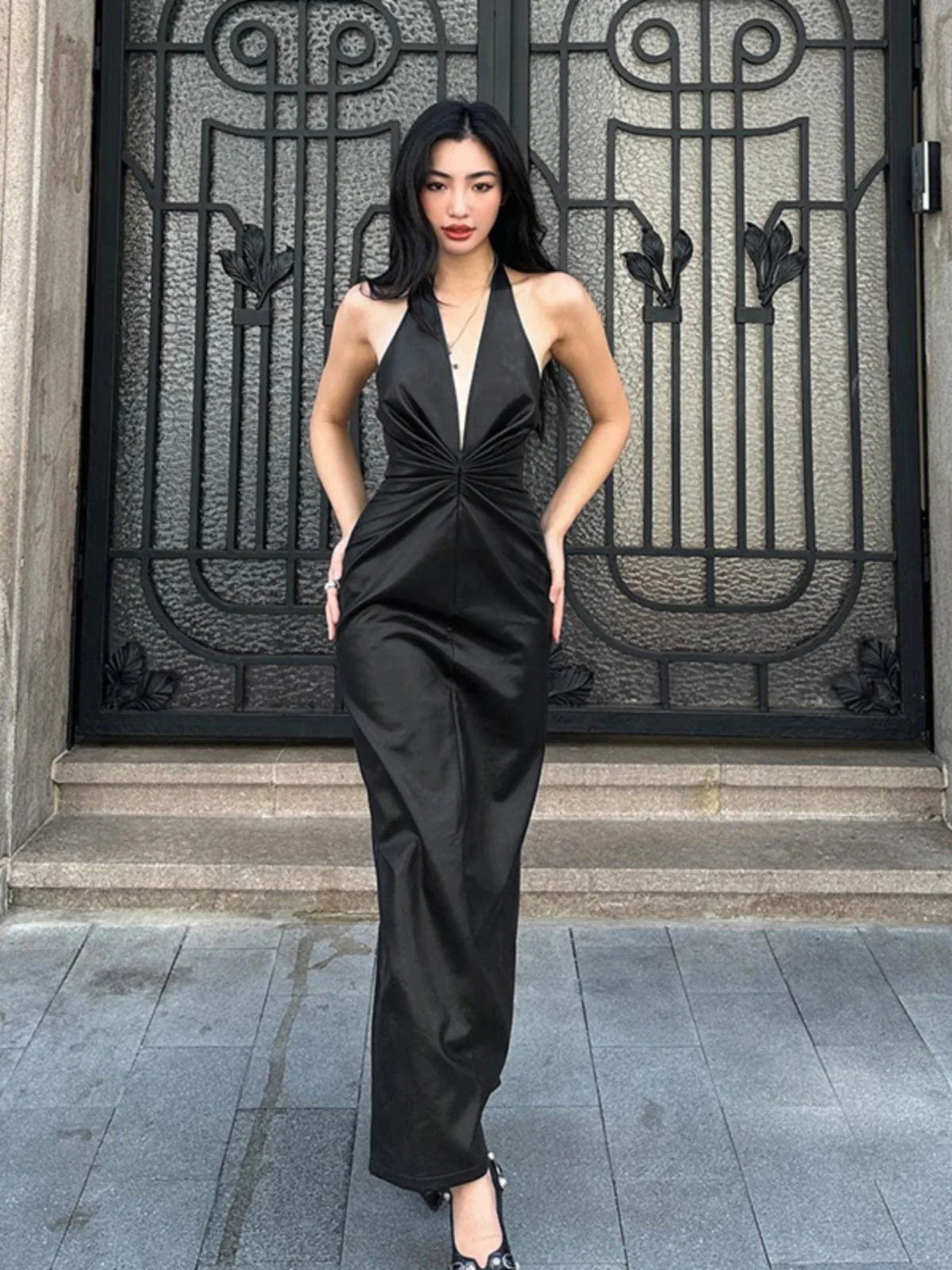 Vestidos femininos primavera 2025 inverno manga comprida chiffon plissado faixas babado em camadas flutter balançando natal oco para fora