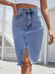 Benuynffy Zipper Fly Raw Hem Split Denim Skirt Women Spring and Summer High Waist Jeans Skirt Female Casual Bodycon Midi Skirts