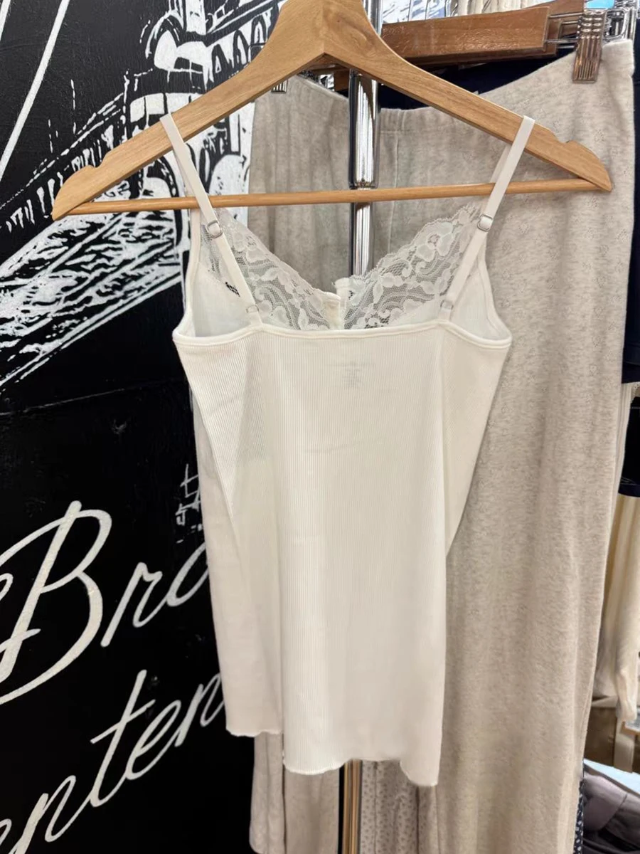 여성용 레이스 트림 버튼 립 슬림 탱크 탑, 민소매 코튼 화이트 심플 조끼, 빈티지 스위트 베이직 캐미솔 Y2k 탑, 여름