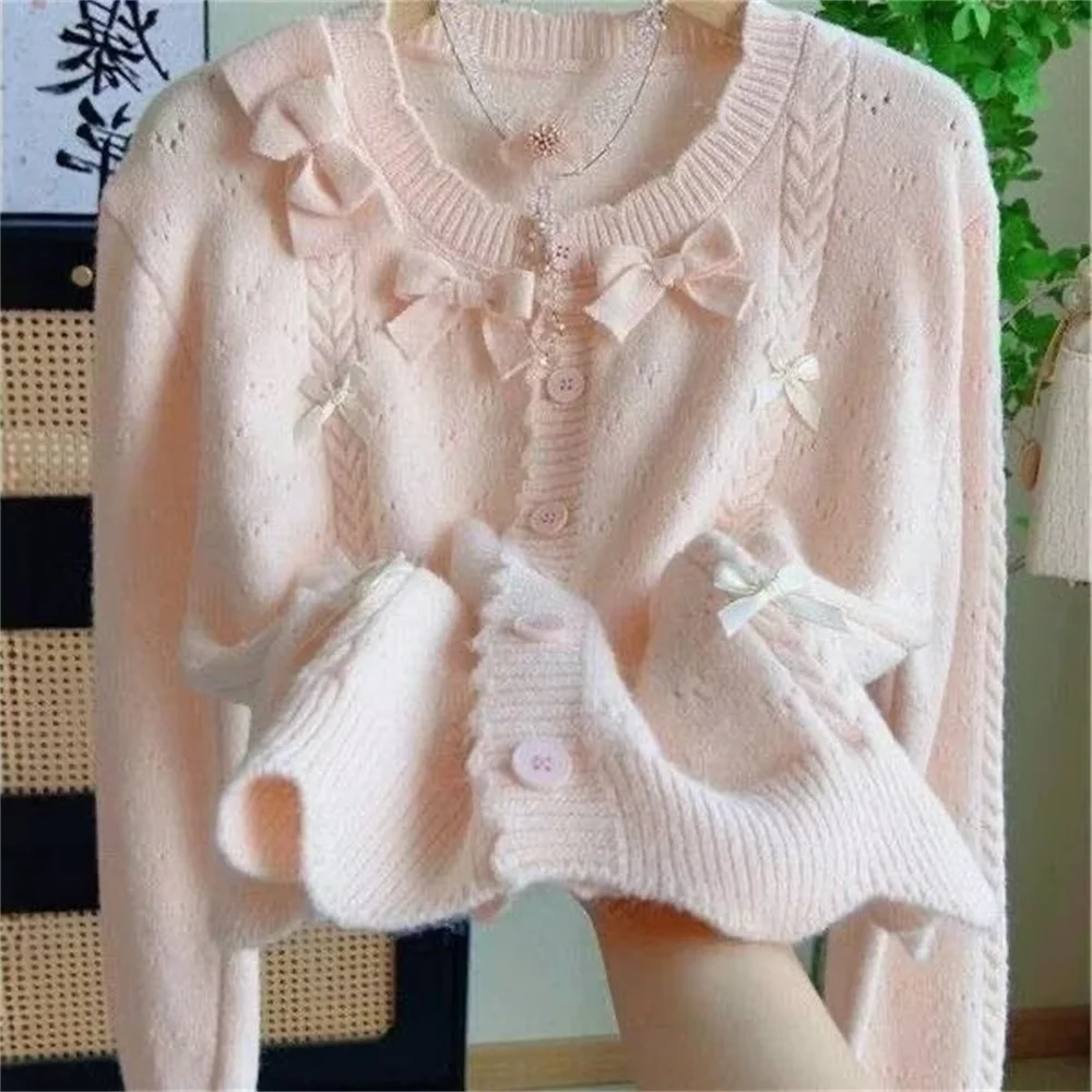 Korean Bow Knitted Cardigan Women Cropped Pink Sweater Outerwears Preppy Knitwears Fashion Cute Long Sleeve Women's Clothing