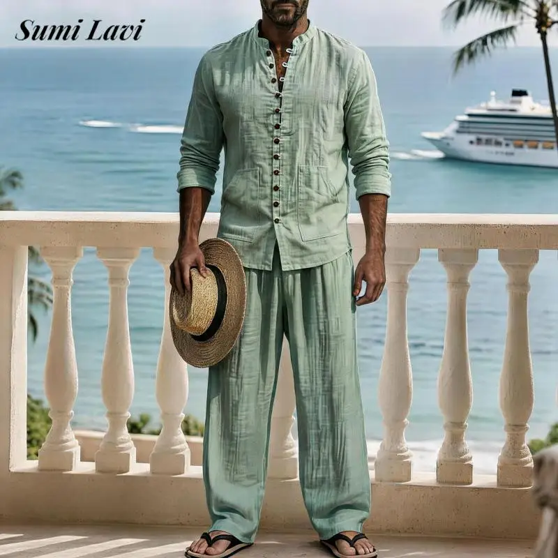 vintage-men-linen-long-sleeve-shirt-and-pants-two-piece-suits-fall-henley-stand-collar-solid-color-daily-casual-mens-outfits