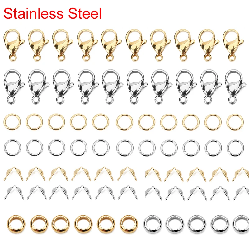 70pcs/set Stainless Steel Lobster Clasps Hooks With Crimp End Beads Open Jump Rings Connectors For Necklace Diy Jewelry Making