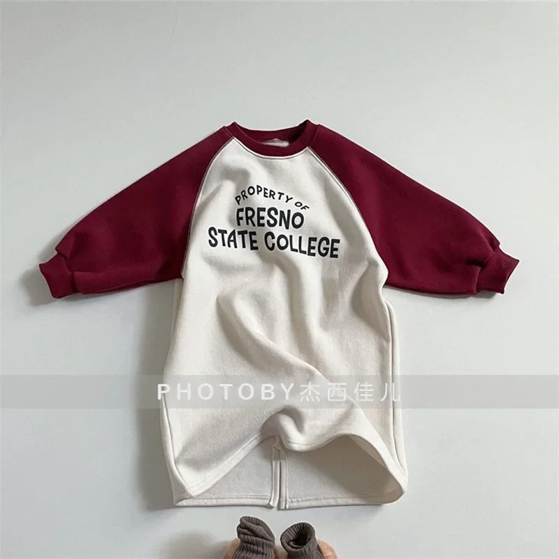 Children Clothing 2022 Autumn Winter Girls Korean Style Dress New Fashion Casual Patchwork Letter Fleece Cotton Sweater Dress