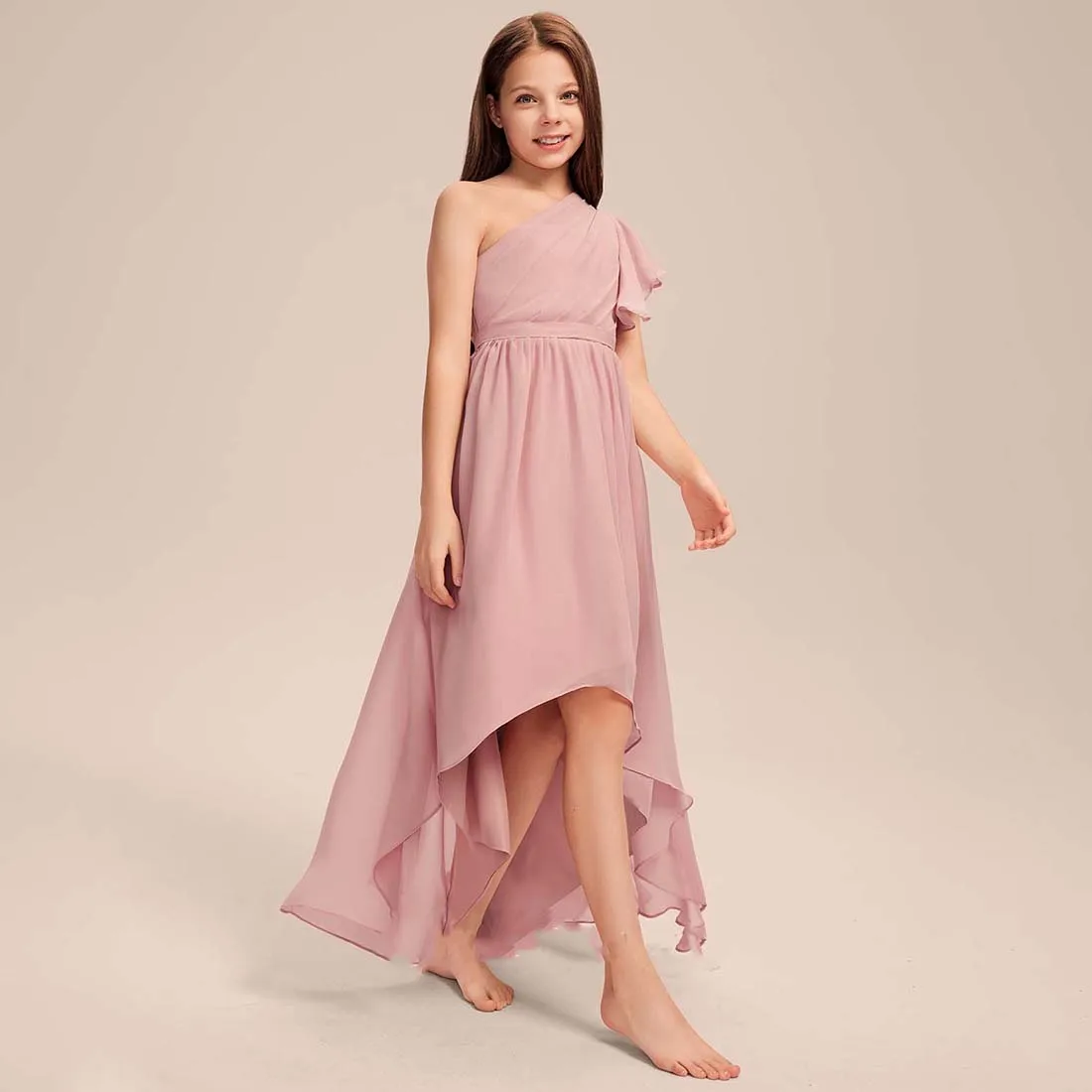 YZYmanualroom Chiffon Junior Bridesmaid Dress A-line One Shoulder Asymmetrical 2-15T