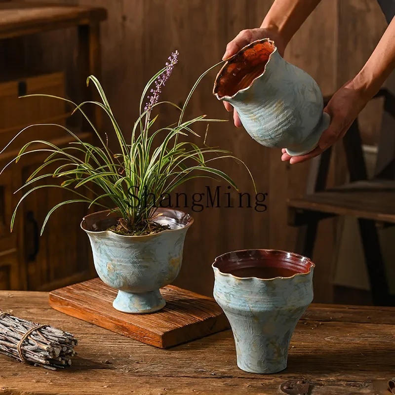 

CL ceramic Phalaenopsis flower pot tall foot hand-painted light luxury high-grade Clivia green plant utensils ware decoration