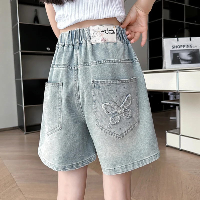 

Summer Denim shorts for girls Children's elastic waist shorts for outer wear butterfly decoration Children aged 4-14 years old