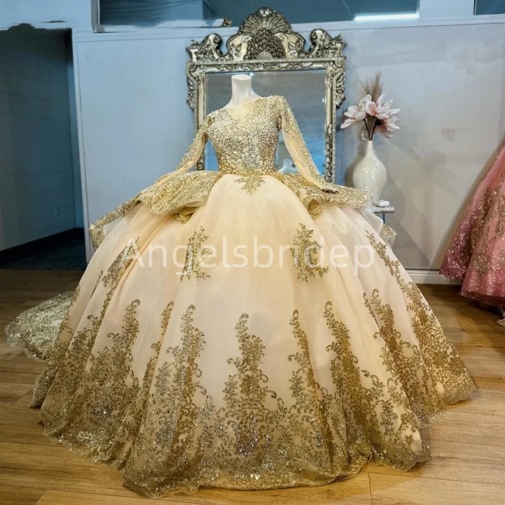 Angelsbridep Customized Quinnceanera Dress Ball Gown Long Sleeves Gold Appliques Birthday Party Dress Vestido De 15 Quinceañera