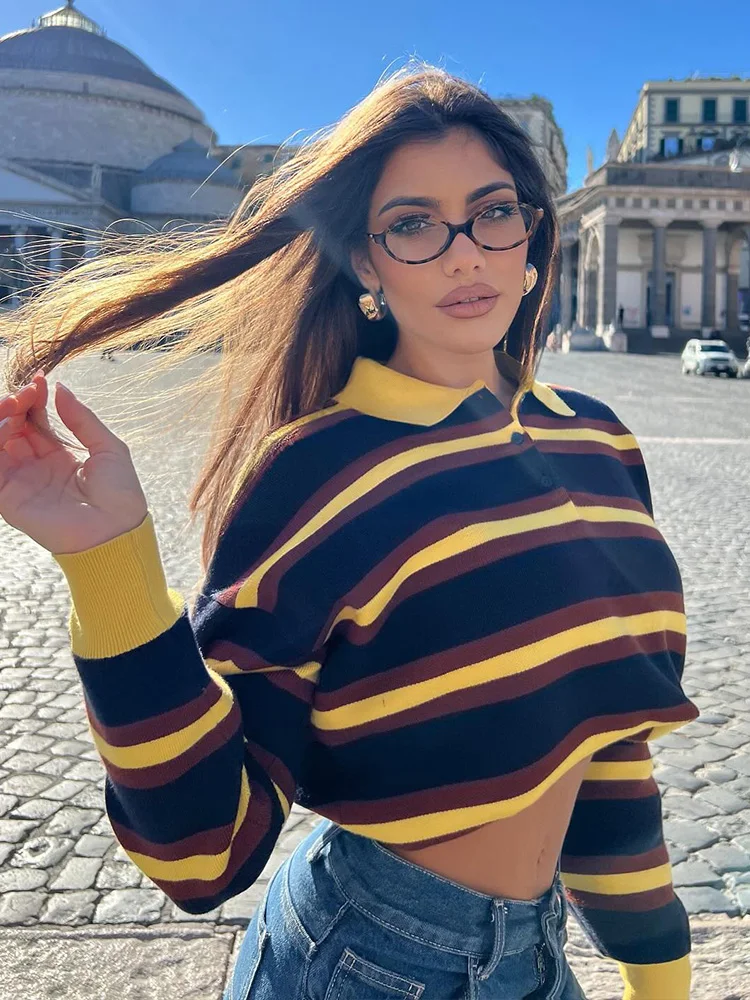 

HH New Woman'S Stripes Long Sleeves Button Decoration Polo Collar Pullover Knitted Sweater Female Slim Fit Leisure Tops