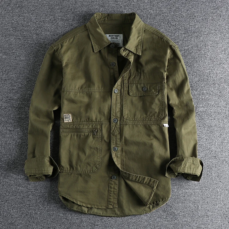 

Washed Vintage Workwear Shirt Long Sleeve Loose Fit Youthful Style Spring Trend Outerwear for Men Simple Design Casual Coat