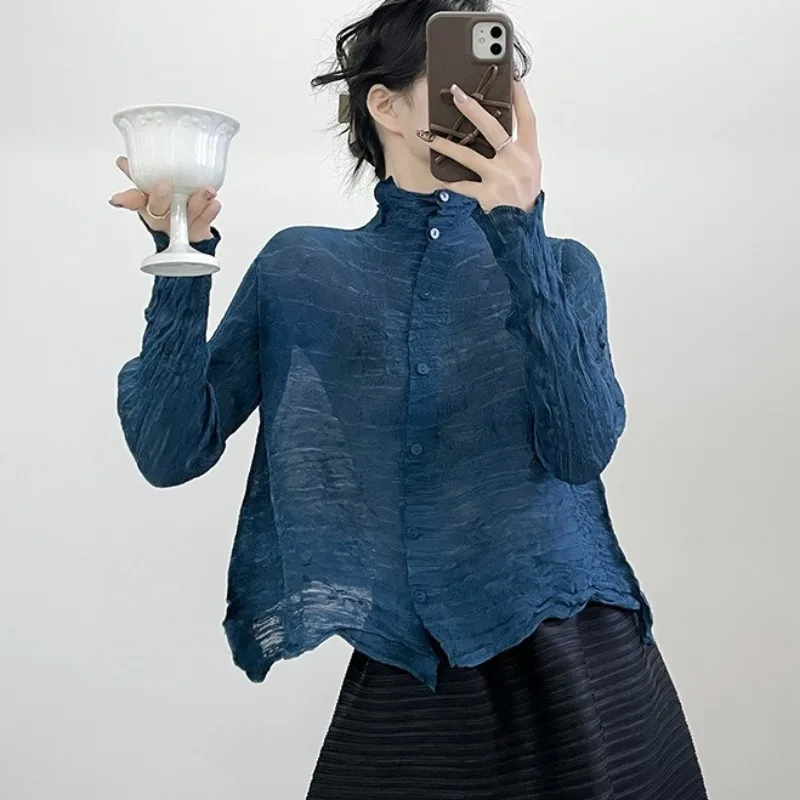 

Женский кардиган из плиссированной ткани Miyake, новинка 2026 года, с длинным рукавом, однотонный, на одной пуговице, легкий, полупрозрачный, из солнцезащитной ткани