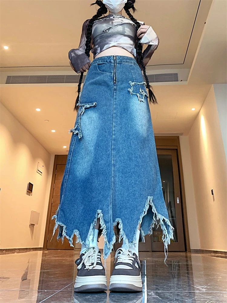 Women's Five Pointed Star Sticker Blue Denim Skirt Cool Girl Vintage Fashion Clothes Summer Female A-line Mid-calf Shorts Skirts