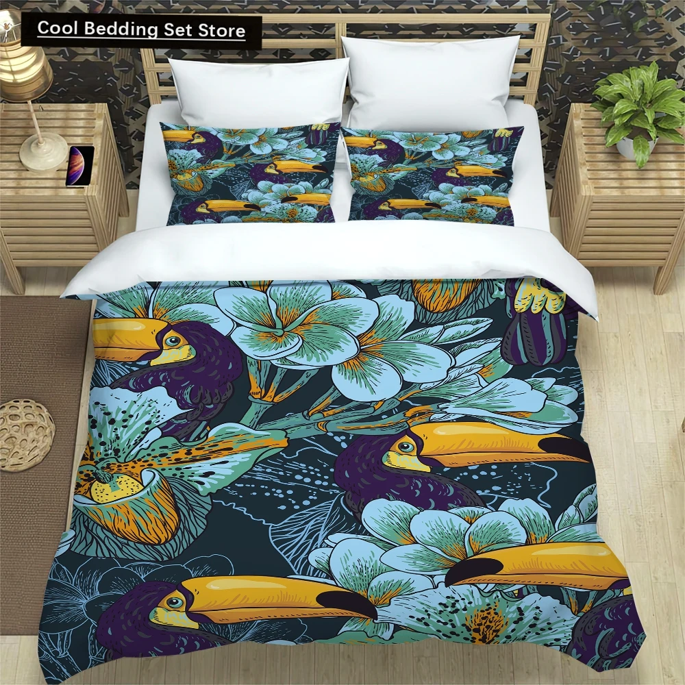 

Flowers Toucan King Queen Duvet Cover Women Vintage Floral Bedding Set Blue Plant Comforter Cover 2/3pcs Polyester Quilt Cover