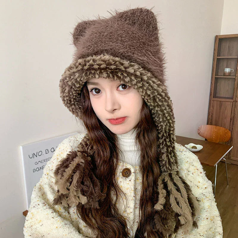 New Winter Windproof Warm Cute Bear Ear Knit Hat With Soft Ear Protection