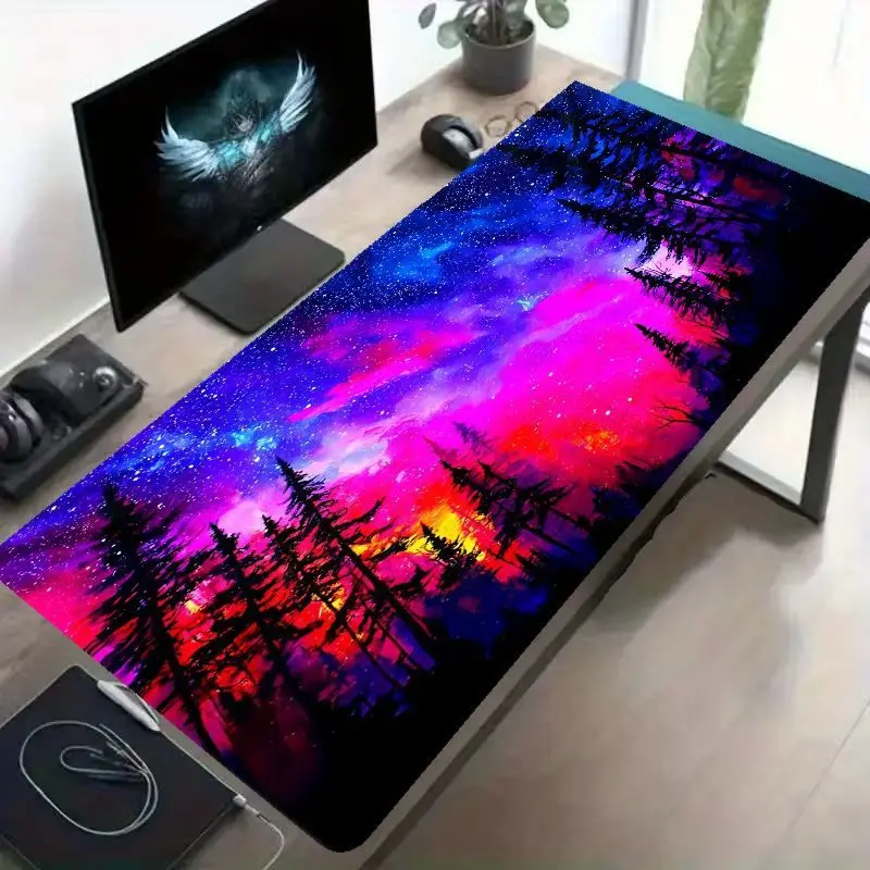 Brand Oversized Iron Art Mouse Pad Dreamy Starry Sky Pine Tree Deep Purple Pink Office Gaming Comfortable Creative Workspace