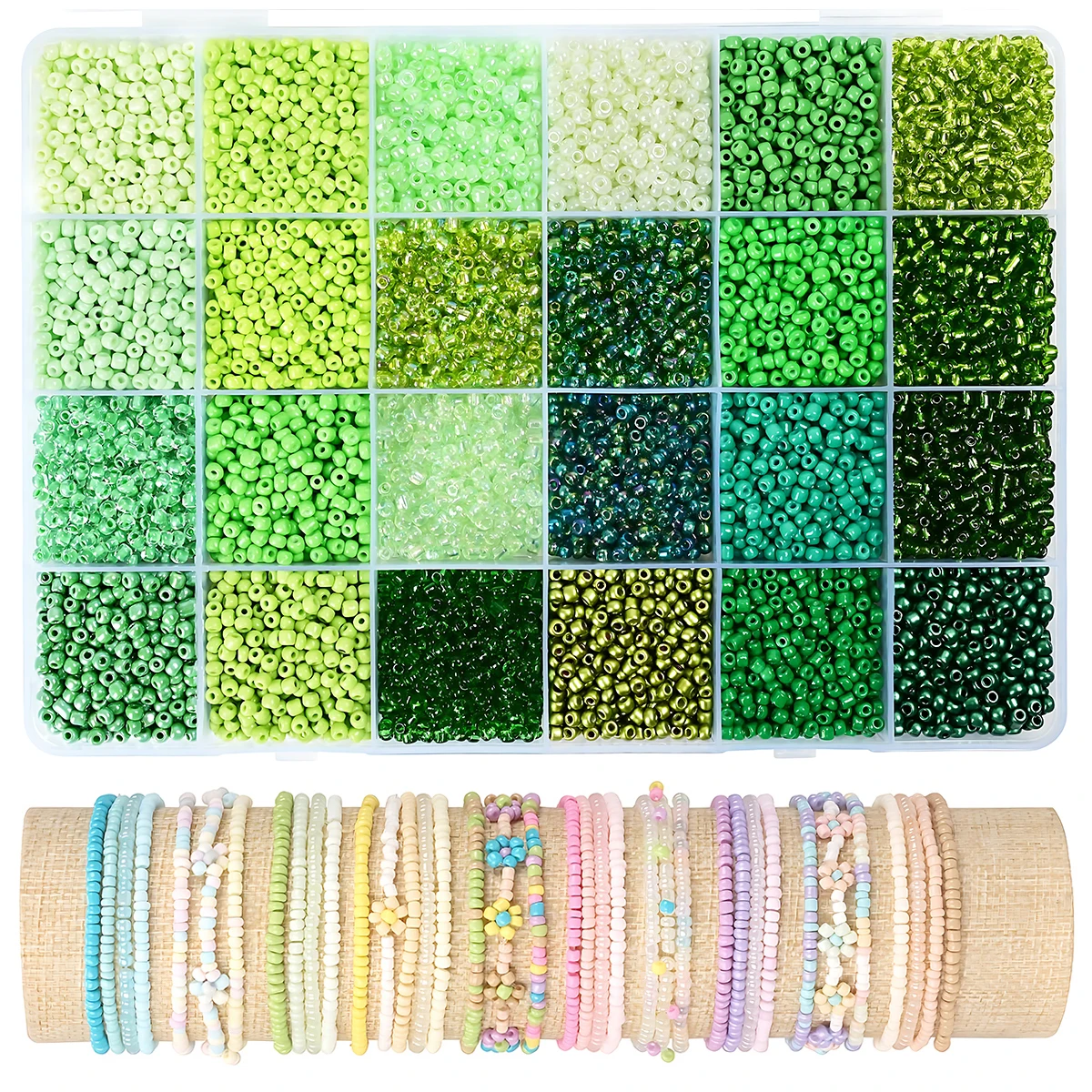 5760PCS 3mm Mixed Color Glass Seed Beads for Bracelet Making 24 Colors Jewelry Crafting Kit Green