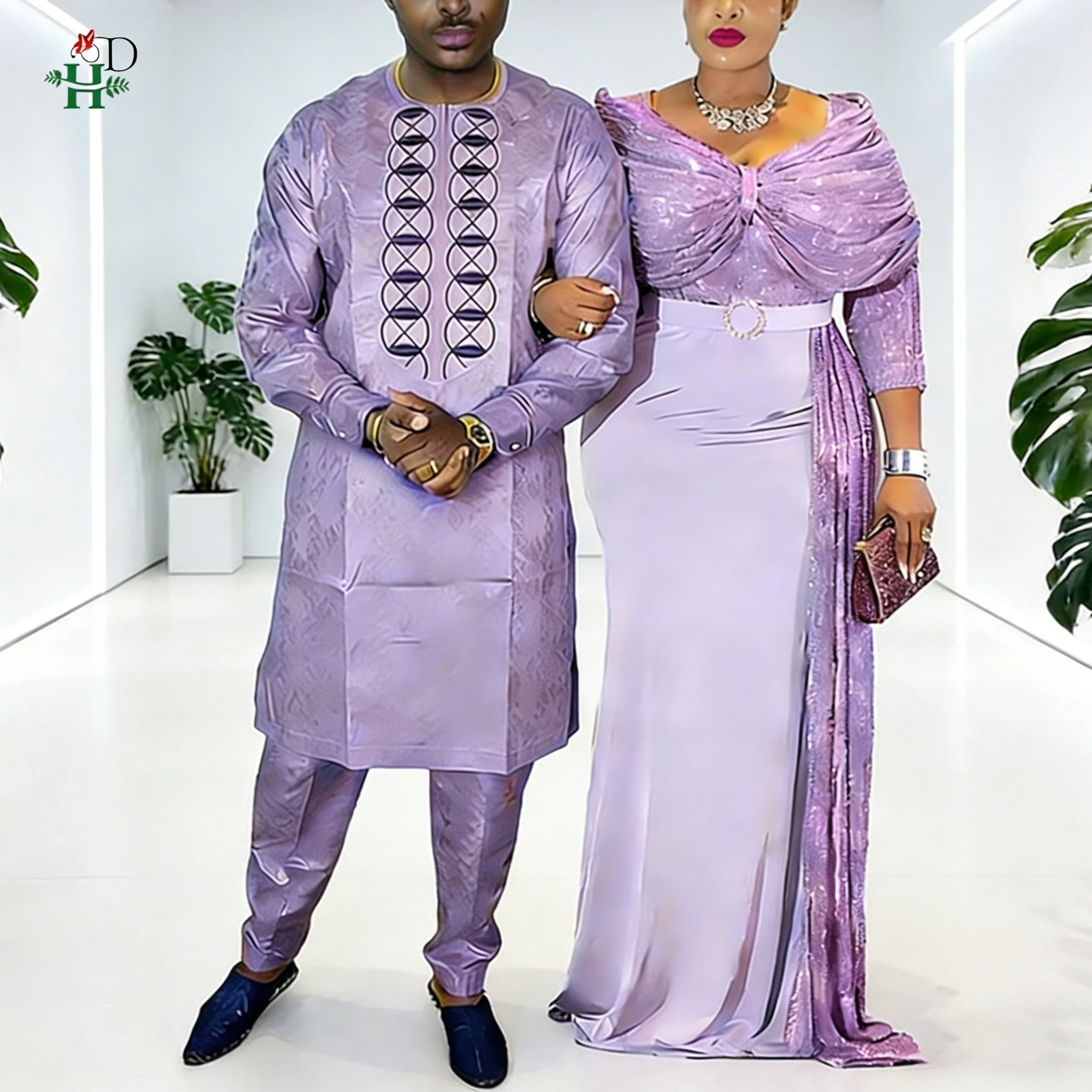 

African Dresses For Couple Purple Traditional Men 2PCS Embroidered Outfit Set Sequin Bodycon Mermaid Robe Wedding Party Dress