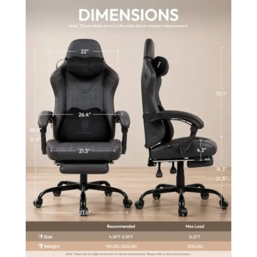 Ergonomic High Back Gaming Chair for Adults with Massager, PU Leather, Black, Lumbar Support and 3D Adjustable Armrests
