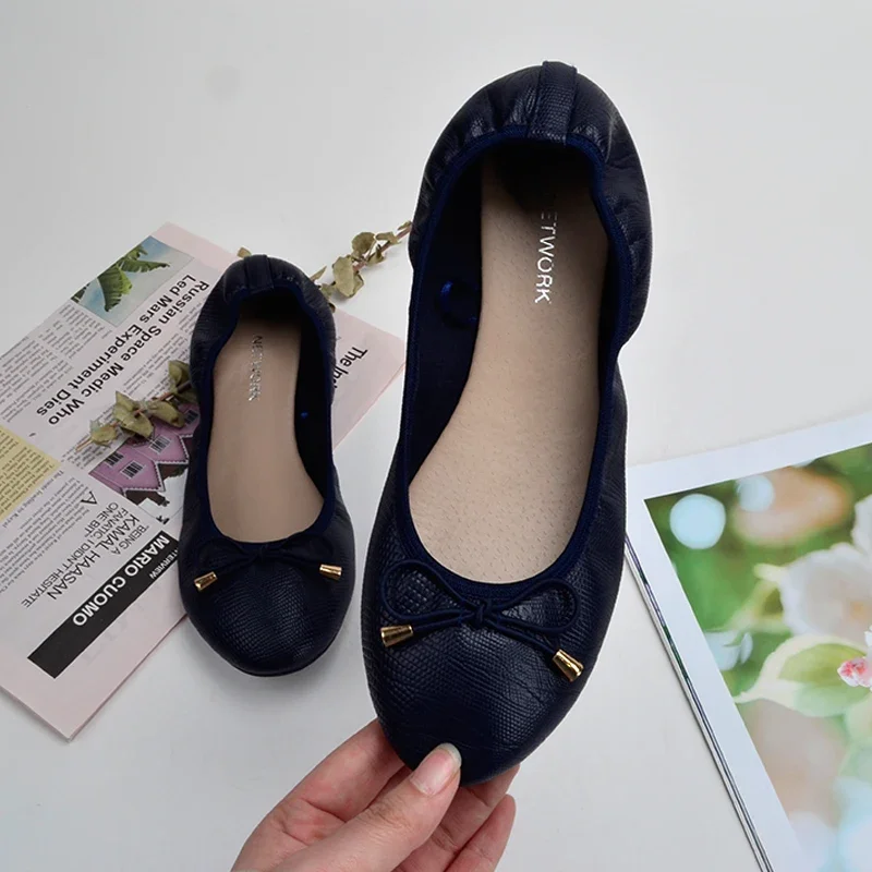 High Quality Fashion Flat Shoes Elegant Comfortable Women Flats Bowknot Mocassin Femme Foldable Round Toe Leather Women Loafers