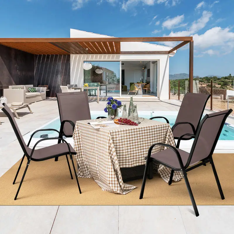 

Set of 2 Stackable Patio Dining Chairs Set with Armrest-Brown