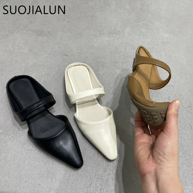 SUOJIALUN 2023 Spring New Women Slipper Fashion Pointed Toe Shallow Slip On Ladies Mules Shoes Soft Ladies Casual Sandal Shoes