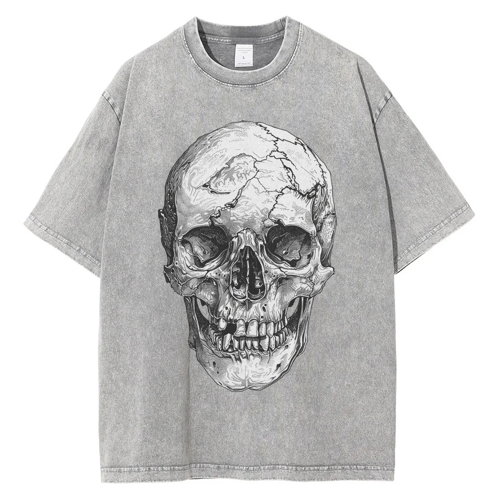 Heavyweight Pure Cotton Washed T Shirt Large Skull Printed Graphic T Shirts Drop Shoulder Vintage Oversized T Shirt