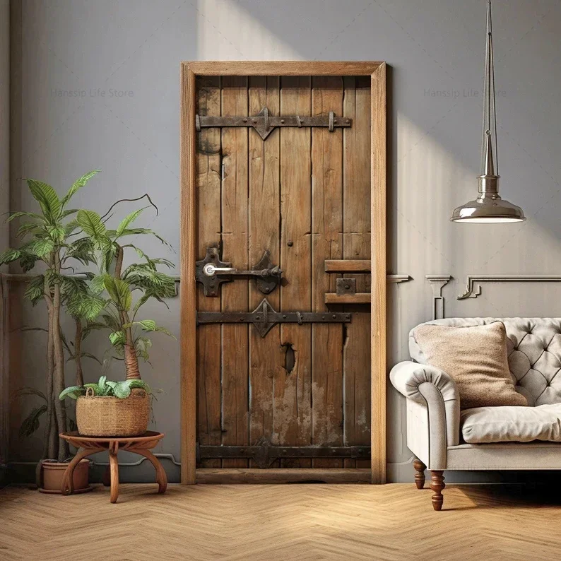 Retro Brown Wood Texture Background Door Sticker Self Adhesive Wooden Design Door Poster Wallpaper Home Decoration Stickers