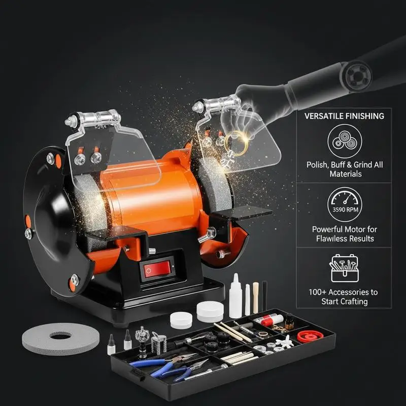 Tabletop Grinder Buffer 11.5x6.3x5.1 Inches For Metal Processing Jewelry Making Craft Polishing, 3590RPM High Speed Motor Dual Mandrels Wool Wheel Abrasive Fiber Wheel Grinding Wheel 100 Accessory Kit view 6