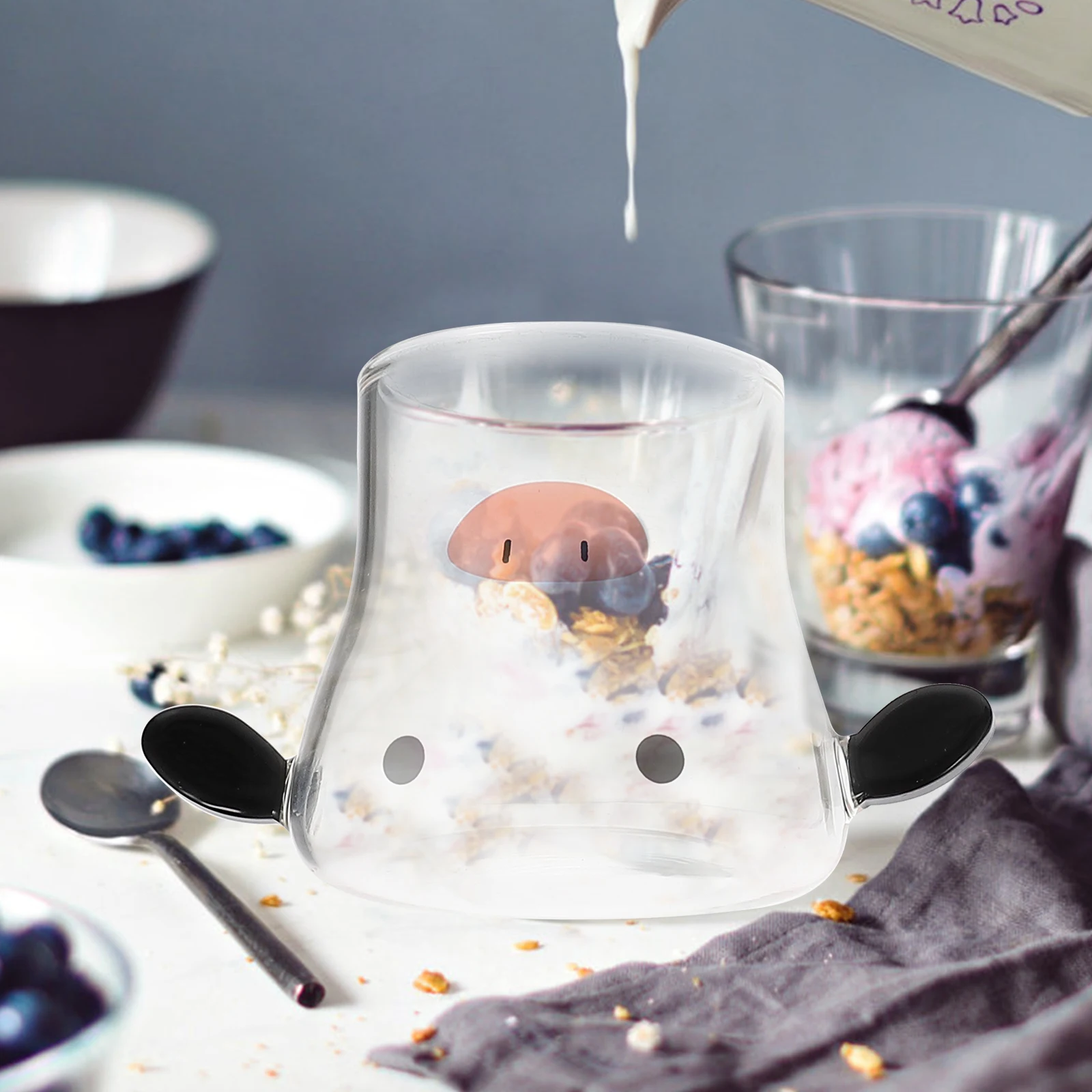 

1Set Cartoon Cow Glass Water Kettle Elegant Transparent Multi-Function Bottle Cold Beverage Carafe Desktop Jug