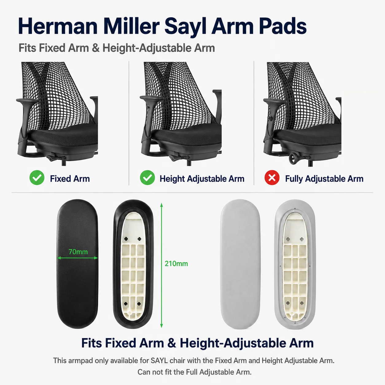 Herman Miller Sayl Arm Pads Replacement Black/Gray 1 Pair Office Chair Armrest Pad Caps Repair Parts Accessories