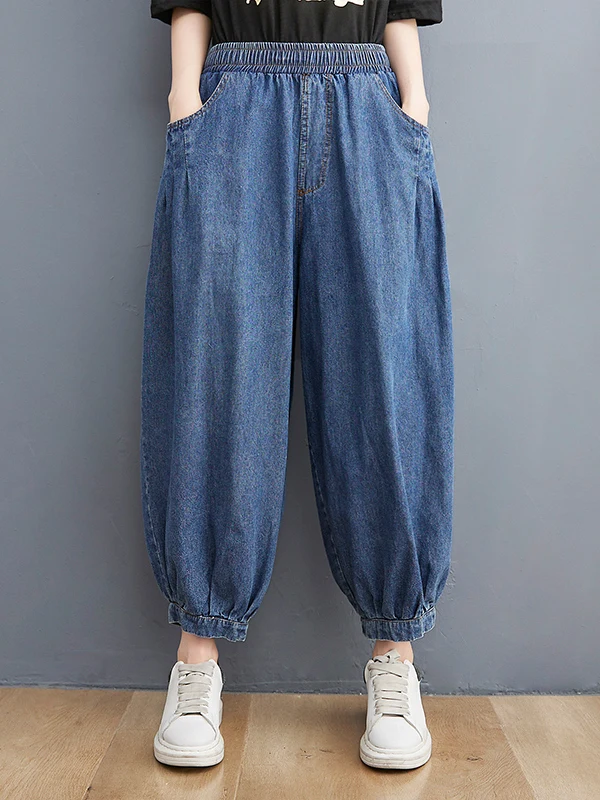 

Loose Elastic Waist Denim Lantern Pants Women Summer New plus Size Fat MM Cuffed Loose Slimming Harem Pants Casual Trousers
