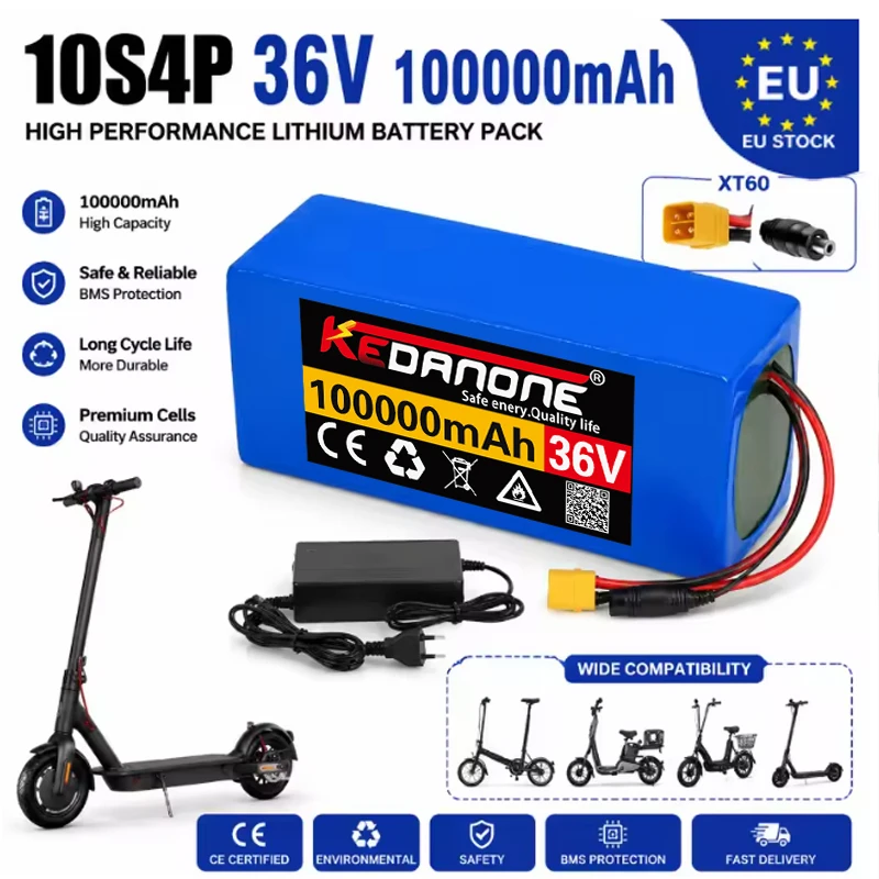 36V 100Ah Lithium-Ionen-Akkupack 10S4P 18650 Zellen Smart BMS Wiederaufladbarer Akku für Elektroroller Schneller Versand EU