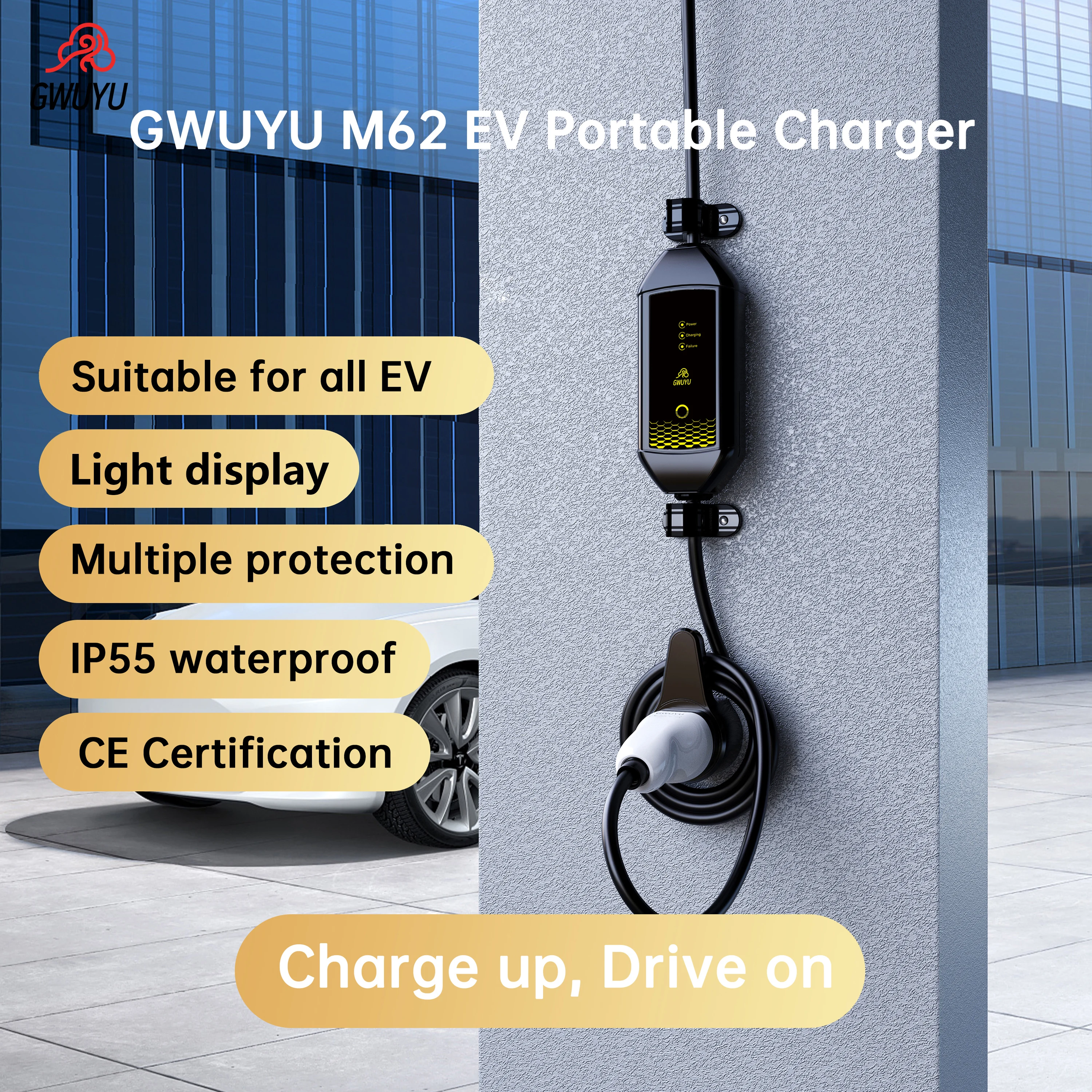 GWUYU Portable EV Charger Type2 Socket 32A 7.6KW 220V EVSE Charging Station 3.5M Cable with Light Version for Electric Vehicle