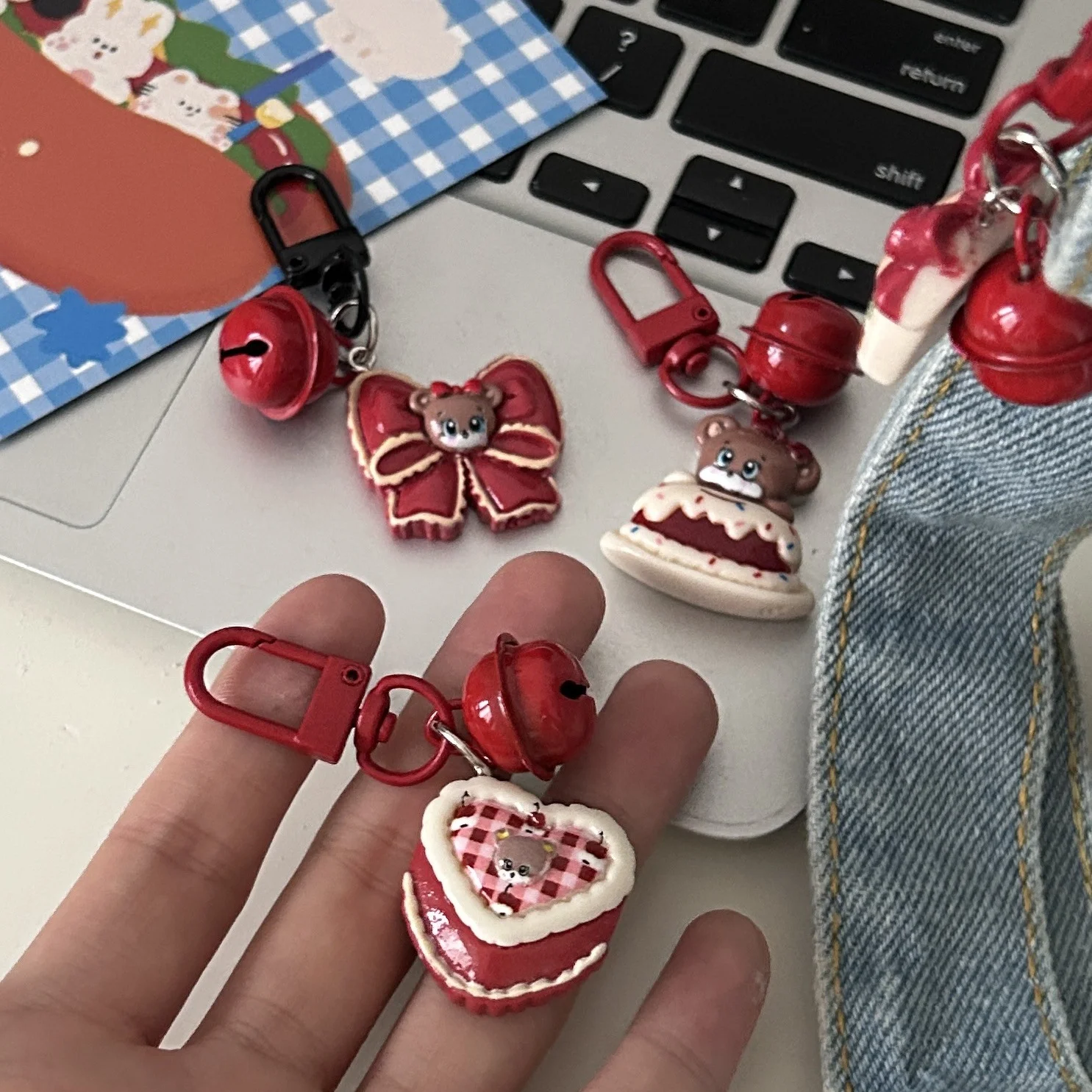 Cartoon keychain retro berry red cute little bear cake cherry bell pendant couple best friend soft cute accessory